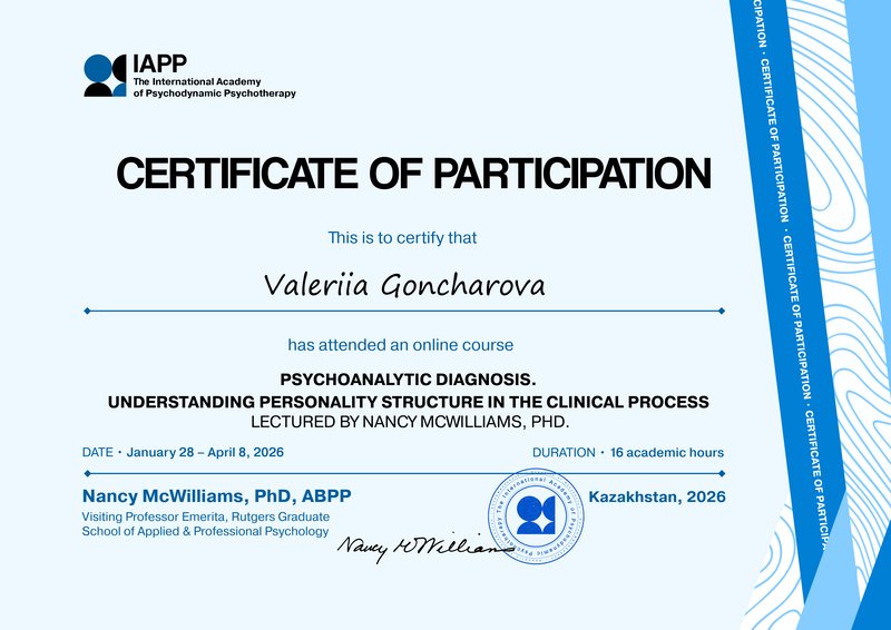 Certificate of Participation: psychoanalytic diagnosis, Nancy McWilliams, 2026